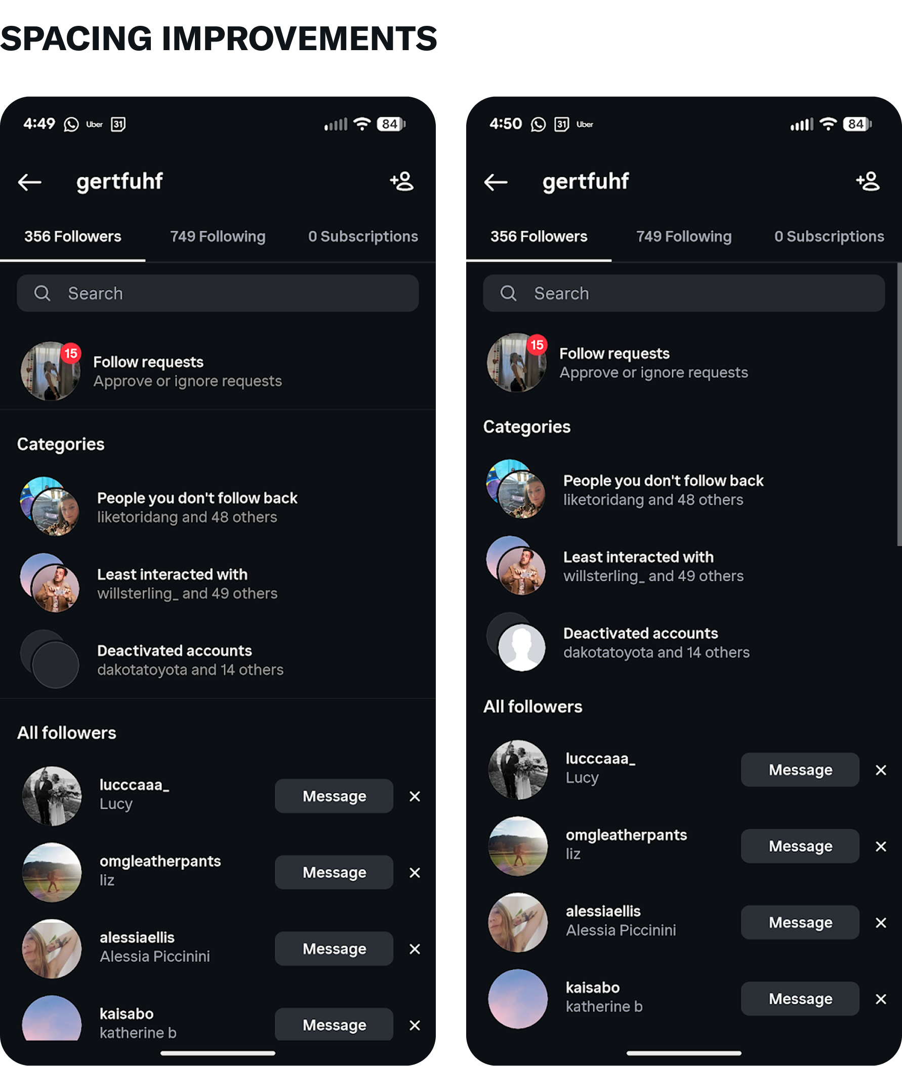 Spacing changes in self follows