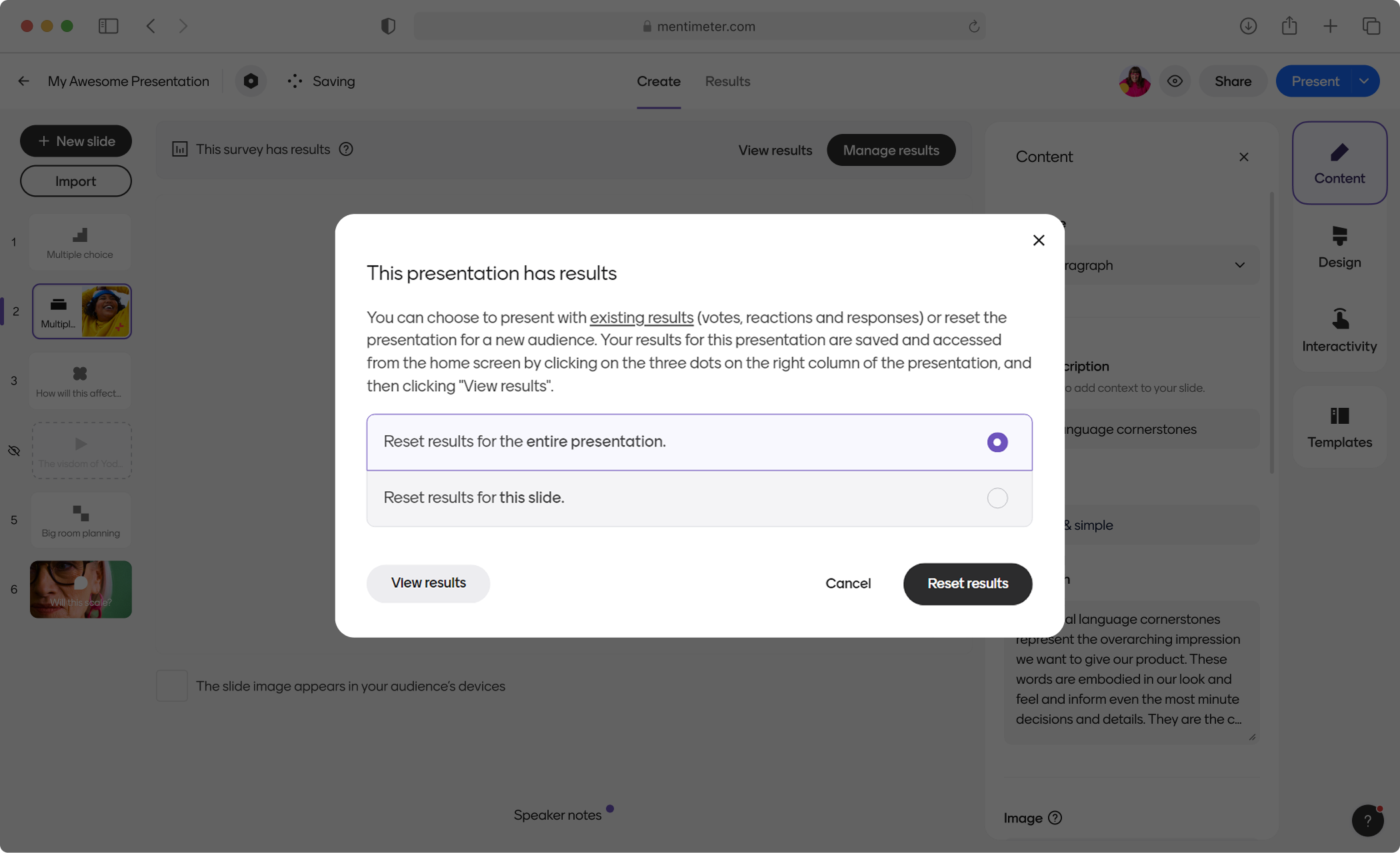 Manage results pop up, old